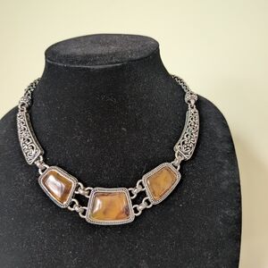 Sterling-Tone Amber Stone Statement Necklace